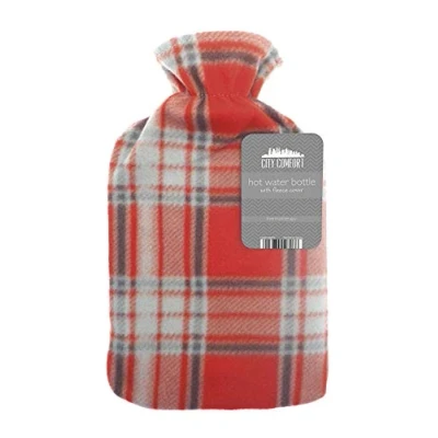 Image of Hot Water Bottle with Beautiful Fleece Print Soft Cover Premium Natural Rubber 2 Litre Bag Helps Provide Warmth and Comfort (Red Grey Check)
