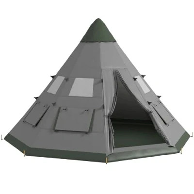 Image of Outsunny 6 Men Tipi Tent, Camping Teepee Family Tent with Mesh Windows, Sewn in Floor, Two Doors and Carry Bag, Easy Set Up, for Hiking Picnics Outdoor Night, Gray