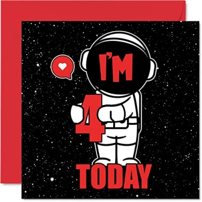 Image of 4th Birthday Card Unisex Space Astronaut Happy 4 Year Old Son Daughter Brother Sister Grandson Granddaughter Niece Nephew Cousin, 145mm x Fourth Bday Greeting