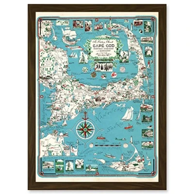 Image of Artery8 1949 Cape Cod Nantucket Massachusetts Pictorial Map Chase A4 Artwork Framed Wall Art Print