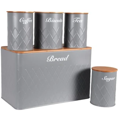 Image of NTEK 5pc Kitchen Storage Bamboo Lid Set Includes Tea, Coffee, Sugar, Bread and Biscuit Barrel Canister Jar &amp; Stylish Bin Diamond Embossed Design Matt Finish (GREY)