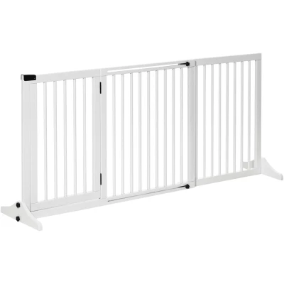 Image of PawHut Freestanding Length Adjustable Wooden Pet Gate with Lockable Door 3 Panels White