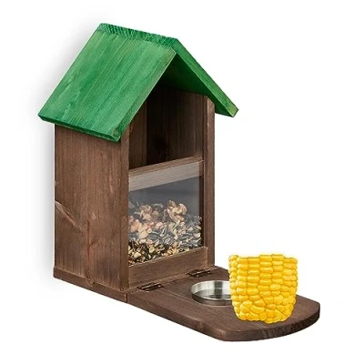 Image of Squirrel Feeder, Wooden, Nut &amp; Seed Silo with Corn Cob Holder, Feeding Platform, Water Bowl, Brown/Green Relaxdays