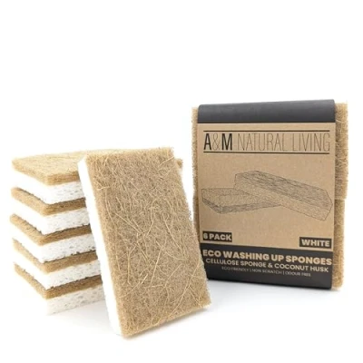 Image of A&amp;M Natural Living Eco Sponge Pack of 6, White Compostable Biodegradable Washing Up with Coconut Husk Scourer Pad