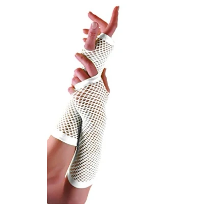Image of Ladies Fishnet Long &amp; Short Finger less Gloves Fancy Dress Party Accessory (White, Gloves)