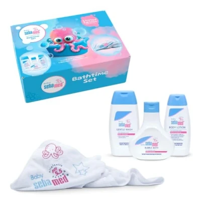 Image of Sebamed Baby Bath Time Set Includes Gentle Wash, Bubble Bath, Body Lotion and Hooded Towel in Colourful Gift Box