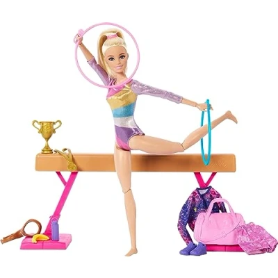 Image of Barbie Gymnastics Doll &amp; Accessories, Playset with Blonde Fashion Doll, C Clip for Flipping Action, Balance Beam, Warm Up Suit More