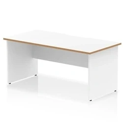 Image of Oslo 1600 x 800mm Scalloped Edge Straight Office Desk White Top Natural Wood Panel End Leg