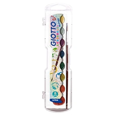 Image of GIOTTO Aquarelli Glitter 8 Watercolour Blocks, Includes 1 Brush, Assorted Colours, Ideal for Children, Party Bags &amp; Schools