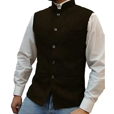 Image of Solovedress Mens Vintage Suit Vest Zhongshan High Collar Tweed Waistcoat for Men Groosmens (Coffee,XL)