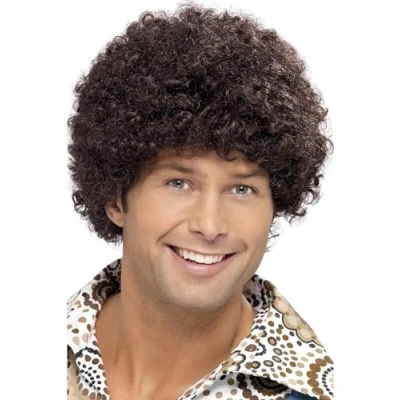 Image of Smiffys 70s Disco Dude Wig, Brown Afro, 1970&#039;s Fancy Dress, 1970s Dress Up Wigs