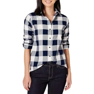 Image of Amazon Essentials Women&#039;s Classic Fit Long Sleeve Lightweight Plaid Flannel Shirt, Navy Buffalo Plaid, M