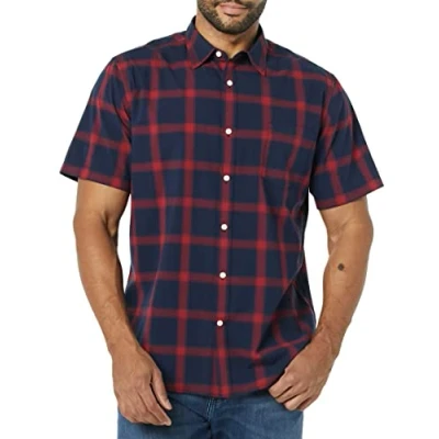 Image of Amazon Essentials Men&#039;s Slim Fit Short Sleeve Poplin Shirt, Navy Red Buffalo Plaid, XXL