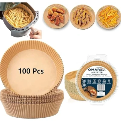 Image of Round Air Fryer Liners,100 PCS 6.3 Inch with Oil Brush, Greaseproof Disposable Paper Liner, OMAREX Premium Quality Airfryer Liner Accessories for Baking, Microwave Roasting