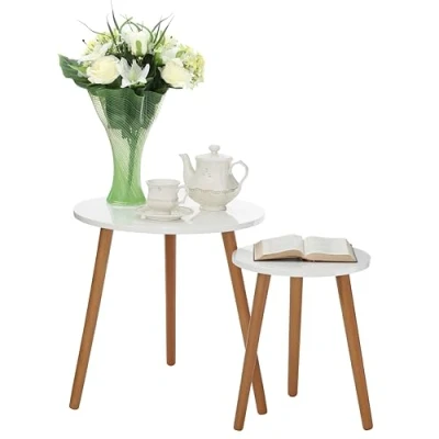 Image of Premier Housewares Set of 2 Scandinavian Nesting Tables White Coffee for Living Room Nest with Round Top Side End Home