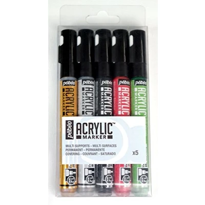 Image of Pébéo 201212 Set of 5 Acrylic Markers 1.2 mm Round Tip Precious Gold/Precious Silver/Precious Black/Precious Red/Precious Green