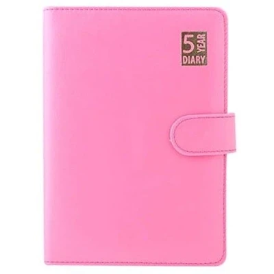 Image of 5 Year Diary Undated Leather Look A5 Day To View Padded Black Pink + Free Pencil (Pink)