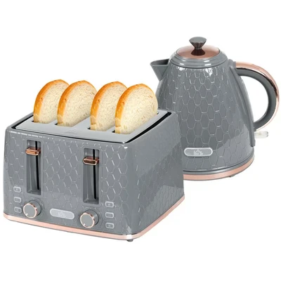 Image of HOMCOM Kettle and Toaster Set, 1.7L 3000W Fast Boil Jug with Auto Shut Off, 4 Slice 7 Level Browning Controls &amp; Crumb Tray, Grey