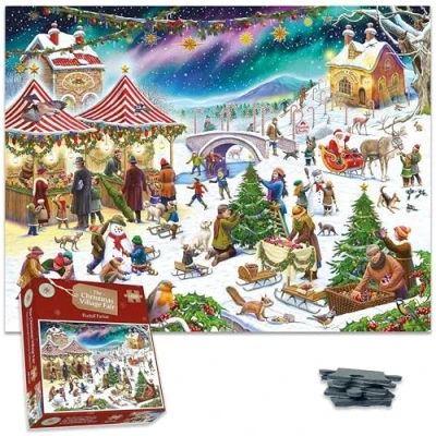 Image of 1000 Piece Jigsaw Puzzle Snowy Christmas Village Fair by Rudolf Farkas for Adults Hardest Puzzle, Festive Present