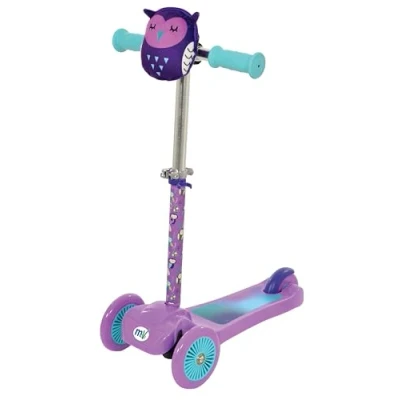 Image of MoVe Mini Go! 3 Wheel Tri Scooter for Kids Tilt &amp; Turn Scooters with Squishle Pouch Cute Character Ages 3+ Adjustable Height Toddler Boys Girls First Three Wheeled (Owl)