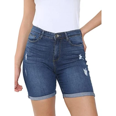 Image of 989Zé ENZO Womens Denim Shorts Skinny Stretch Casual Ladies Ripped Turned Up Hem Short Hot Pants with Pockets (UK, Numeric, 6, Regular, Blue)