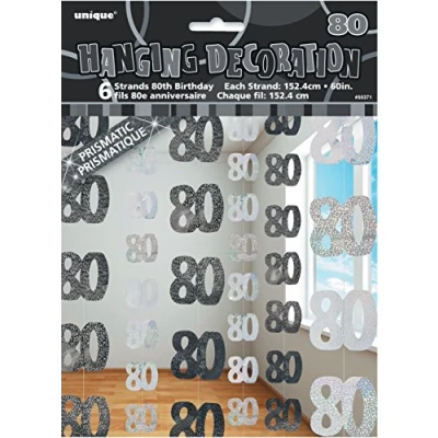 Image of Unique Party 55371 5ft Hanging Glitz Black 80th Birthday Decorations, Pack of 6