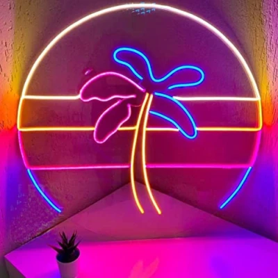 Image of DAKABUKA Sunset&amp;Sea LED Neon Signs Palm Tree Lights For Bedroom Decoration Cool Wall Decor Living Room Boy&#039;s Girls USB Powered(12 * 12&quot;)