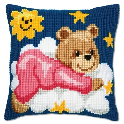 Image of Vervaco Pink Teddy Cross Stitch Cushion, Multi Colour, One