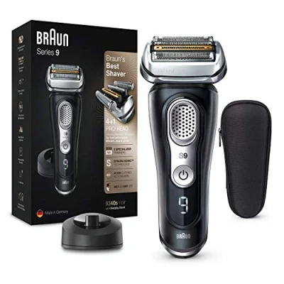 Image of Braun Series 9 Electric Shaver With Precision Trimmer, Charging Stand and Travel Case, Wet Dry, 100 Percent Waterproof, UK 2 Pin Plug, 9340s, Black Razor