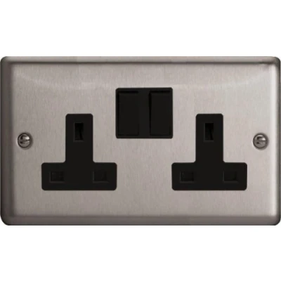 Image of XS5B Varilight Classic Matt Chrome 2 Gang 13A Double Plug Socket Black Inserts by