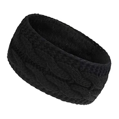 Image of Women Ear Warmer Headband Fleece Lined Winter Warm Knitted Thick Hairband Thermal Headbands Elastic Hair Wrap (Black)