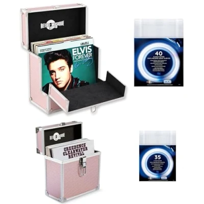 Image of Retro Musique Aluminium 12&quot; Vinyl Record Storage Case Includes 40 Outer Sleeves &amp; 7&quot; EP 35 (Red)