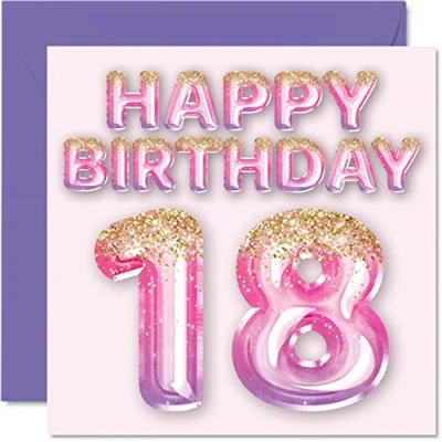 Image of 18th Birthday Card for Women Pink &amp; Purple Glitter Balloons Happy Cards 18 Year Old Woman Daughter Sister Auntie Cousin, 145mm x Eighteen Eighteenth Bday Greeting Gift