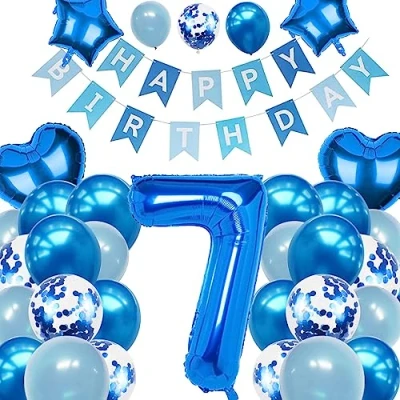 Image of 7th Birthday Decorations for Boys Blue Age 7 Balloons with Happy Banner Party Decoration Seventh Supplies Boy (7th birthday)
