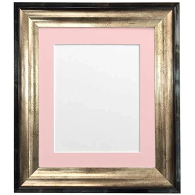 Image of FRAMES BY POST Firenza Antique Distressed Black and Gold Picture Photo Frame Plastic Glass with Pink Mount 30&quot;x24&quot; for Size 24&quot;x16&quot;