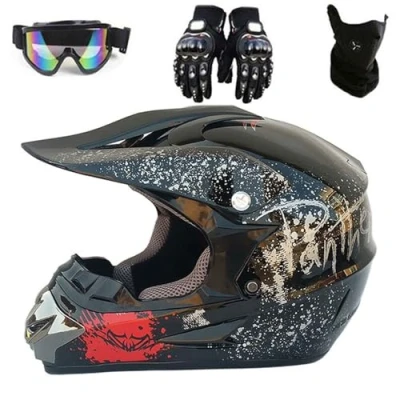 Image of Youth Motocross Helmet Dirt Bike Helmet, ATV Motorcycle Outdoor Helmets, DOT Approved, Full Face MTB with Gloves Goggles Shield 4 Piece Set(Grey,L(56 57cm))