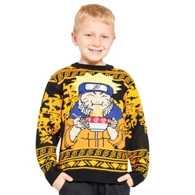 Image of Naruto Christmas Jumper Kids Festive Sweater Official Merchandise Anime Clothes for Boys 9 16 Years Gifts (Black/Yellow, 10 Years)