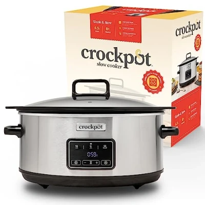 Image of Crock Pot Sizzle &amp; Stew Digital Slow Cooker 6.5 L (8+ People) Removable Induction Hob Safe Bowl Sears Meat Vegetables UK 3 Pin Plug Stainless Steel [CSC112]