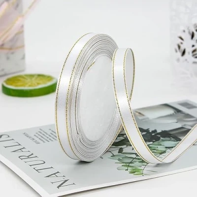 Image of Satin Ribbon with Gold Edge,Double Side 10mm x 100m, Use for Card Making,Crafts, Gift Wrapping, Wedding Decoration (White)