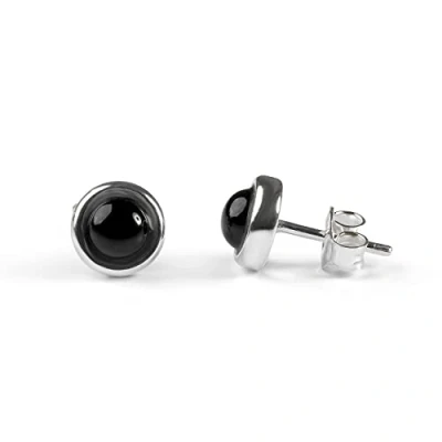 Image of Black Onyx and Sterling Silver Simple Minimal Round Stud Earrings, Natural Gemstone Earrings