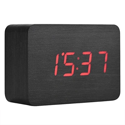 Image of Alarm Clock, Digital Clock for Bedrooms LED Modern Wooden Cube 3 Levels Brightness Temperature Display with Sounds Control (Black),TV Video Home Audio