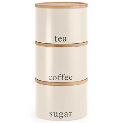 Image of EHC Tea, Coffee, Sugar, Canister Set, Set of 3 Stackable Airtight Food Storage Easy to Open Cansiters Jars Tin, Cream