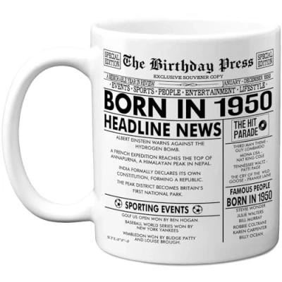 Image of Stuff4 75th Birthday Mug Gift for Men Women Born in 1950 Newspaper Happy 75 Gifts Grandad Grandma Nan Vintage Retro Back Age Seventy Five Bday, 11oz Ceramic Coffee Mugs
