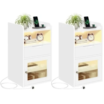 Image of YITAHOME White Bedside Table with Charging Station Set of 2,Bedside Cabinet LED Lights,1 AC Outlets, 2 USB Ports,Nightstand Side End Sofa Drawer for Bedroom Living Room