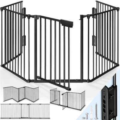 Image of KIDUKU® Safety Barrier 305 cm Baby Playpen with Automatically Close Door Hearth Gate pre Assembled Fireplace Screen &amp; Fence Room Divider Black