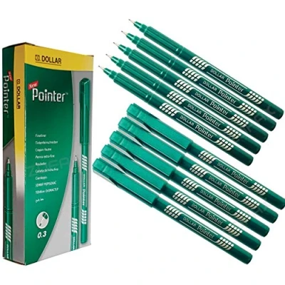 Image of DOLLAR PointX Fineliner Pens, Fine Point (0.3mm), GREEN, Pack of 10, Ideal for Mark Draw Write Sketch, School Office Home Use, iVAIDEX Black Ball Pen