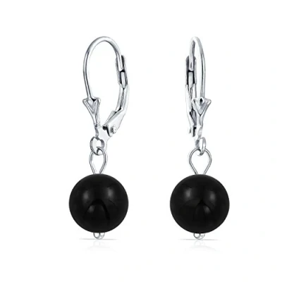 Image of Simple Plain Basic Round Onyx Bead Ball Dangle Lever back Earrings For Women Teen Black .925 Sterling Silver