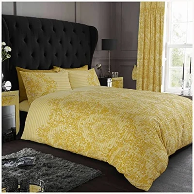 Image of GC GAVENO CAVAILIA Luxurious Empire Damask Printed Cover, Easy Care Soft &amp; Cosy Quilt Bedding, Polycotton, Ochre, Single Duvet Set