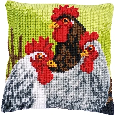 Image of Vervaco Rooster and Chickens Cross Stitch Cushion Kit, Ecru, ca. 40 x cm