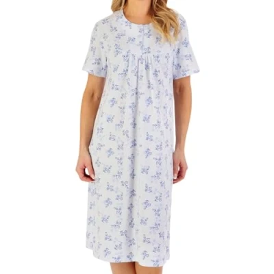 Image of Slenderella Floral Jacquard Short Sleeve 42 inch Polycotton Nightdress (24/26, blue)